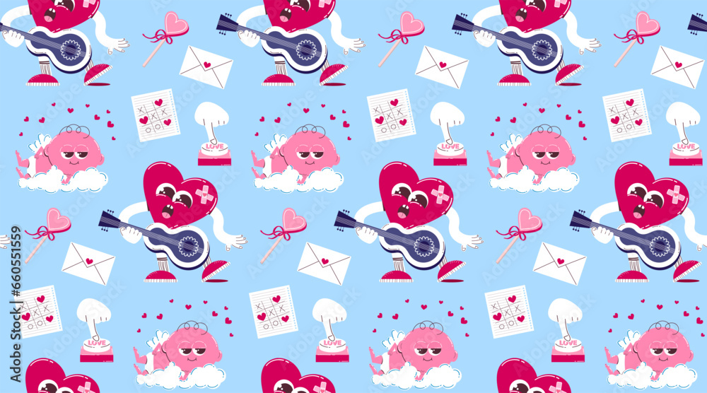 Pattern with a cute heart character with a guitar, cupid on a cloud and other elements in a retro cartoon style. Vector background for Valentine's Day. Pattern with a cute heart character with a guitar, cupid on a cloud and other elements in a retro cartoon style. Vector background for Valentine's Day.
