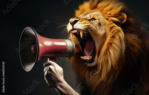 メガホンで宣伝するライオン