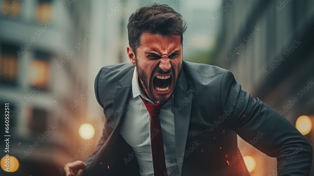 A hostile businessman yells with assertiveness. A hostile businessman yells with assertiveness.