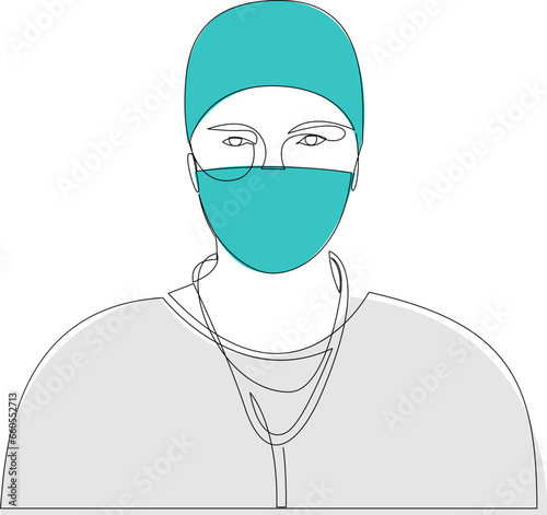 One continuous line drawing of medical worker. Single line drawn surgeon silhouette. Line art doodle vector illustration