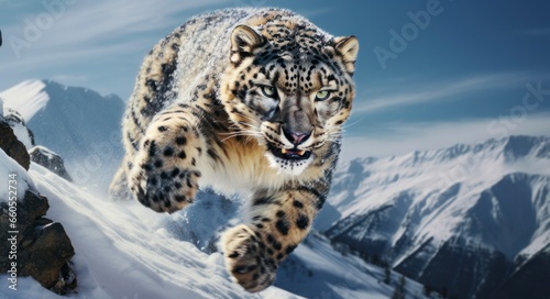 Aerial Acrobatics: Snow Leopard Leaping Through the Mountain Air
