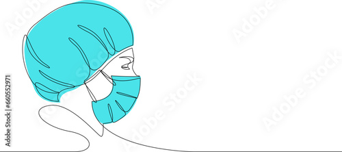 One continuous line drawing of medical worker wearing face mask and cap. Surgeon or nurse portrait avatar drawn by single line. Concept of coronavirus. Vector illustration