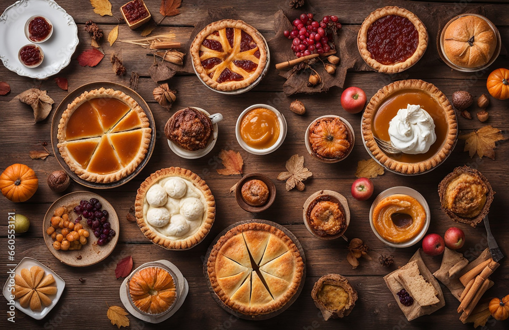 Autumn food concept. Selection of pies, appetizers and desserts. Top view table scene over a rustic wood background Autumn food concept. Selection of pies, appetizers and desserts. Top view table scene over a rustic wood background