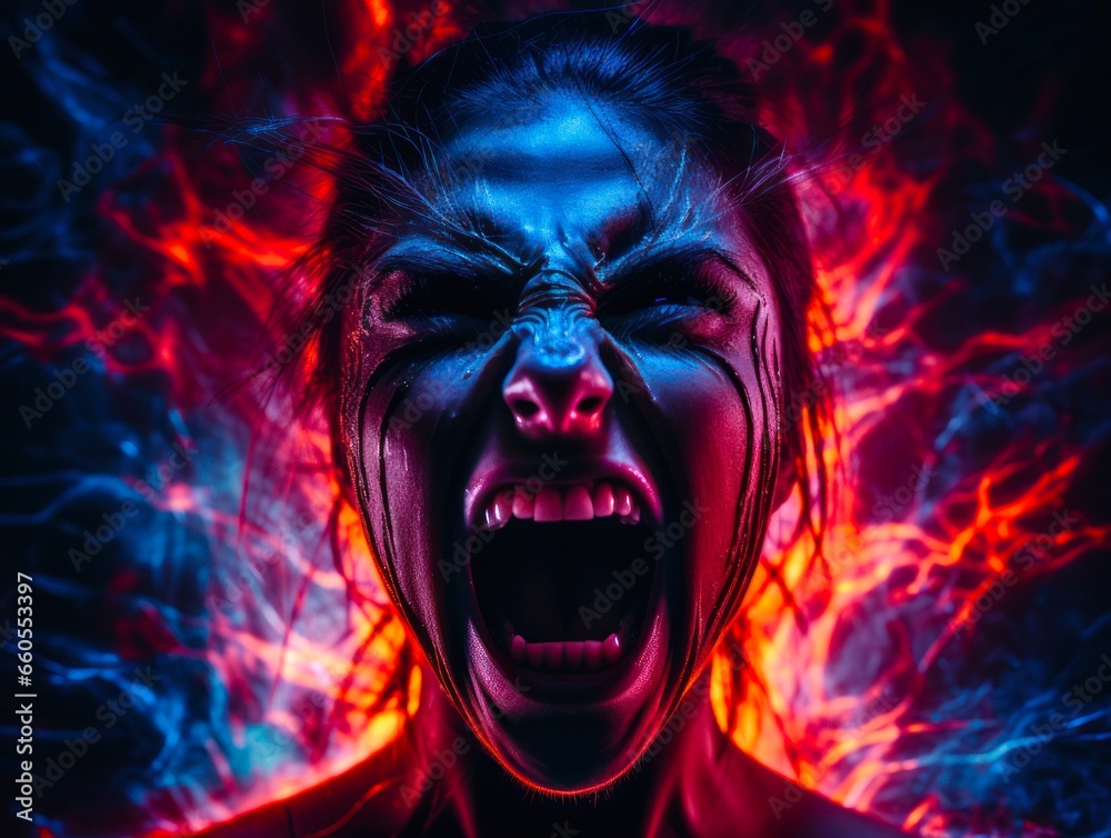 Angry Bipolar Woman with Neon Emotion: Mental Health Stock Image