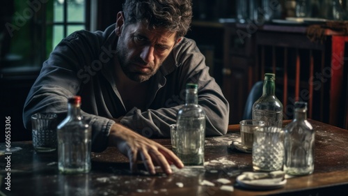 Alcohol Addiction: Depressed Father Pouring Vodka into Glass