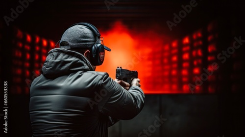 Photographie Alteration - A gentleman exercises pistol shooting in a shooting gallery with protective ear defenders