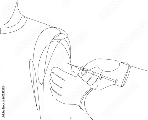 Continuous line drawing of a gloved hands of doctor doing vaccination shot to patient. Medical concept, vector illustration.