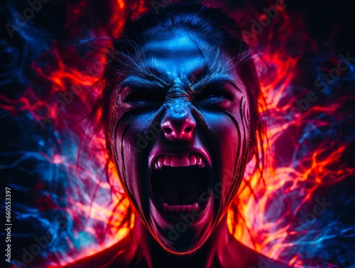 Angry Bipolar Woman with Neon Emotion  Mental Health Stock Image