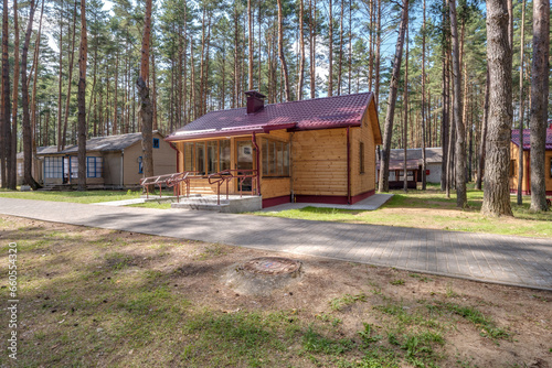 wooden eco country houses in forest