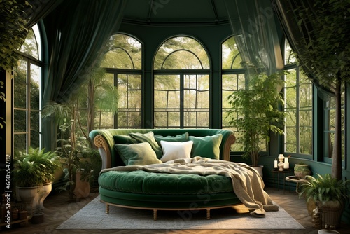 A bedroom with a green interior decor. Generative AI photo