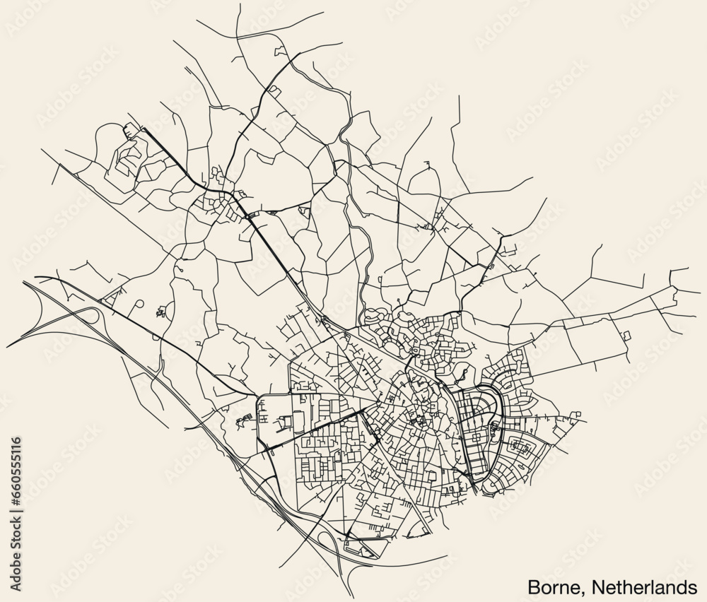 Detailed hand-drawn navigational urban street roads map of the Dutch city of BORNE, NETHERLANDS with solid road lines and name tag on vintage background