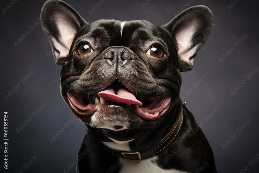 Closeup of a joyful and enthusiastic French bulldog. Generative AI