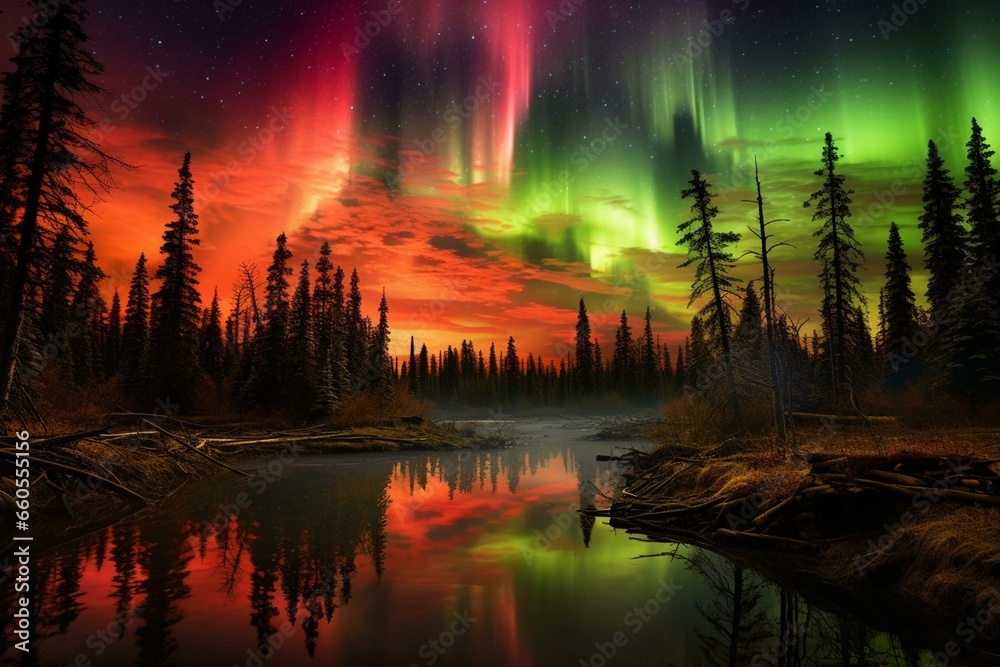 A mesmerizing dance of green and red aurora in stunning natural surroundings. Generative AI
