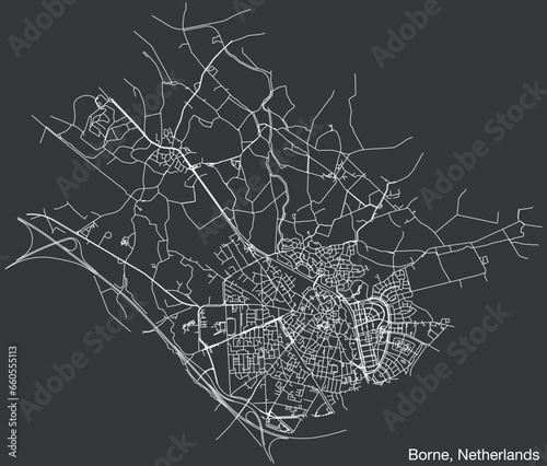 Detailed hand-drawn navigational urban street roads map of the Dutch city of BORNE, NETHERLANDS with solid road lines and name tag on vintage background
