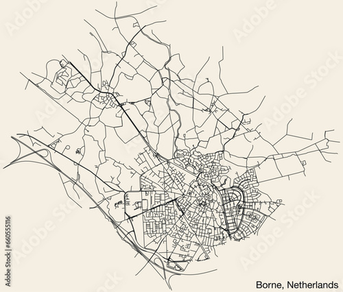 Detailed hand-drawn navigational urban street roads map of the Dutch city of BORNE, NETHERLANDS with solid road lines and name tag on vintage background
