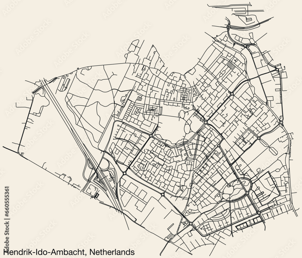 Naklejka premium Detailed hand-drawn navigational urban street roads map of the Dutch city of HENDRIK-IDO-AMBACHT, NETHERLANDS with solid road lines and name tag on vintage background
