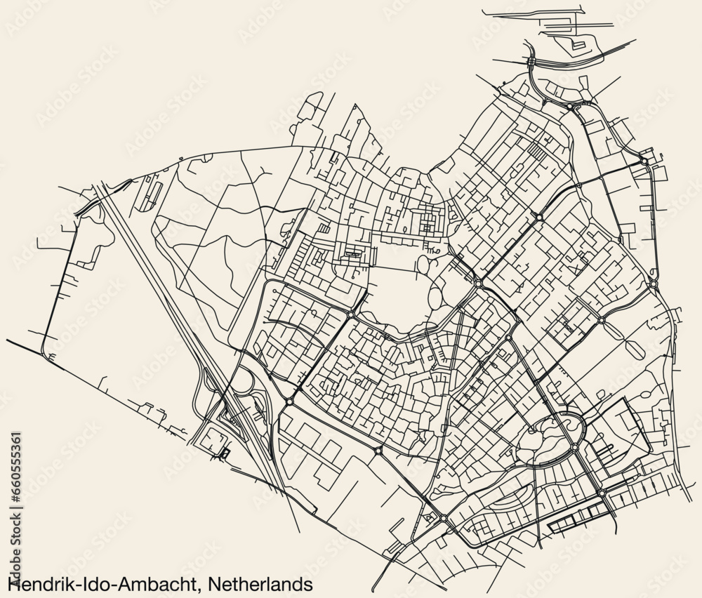 Detailed hand-drawn navigational urban street roads map of the Dutch city of HENDRIK-IDO-AMBACHT, NETHERLANDS with solid road lines and name tag on vintage background