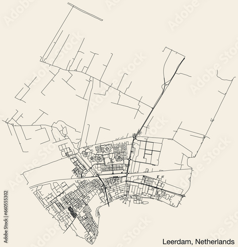 Detailed hand-drawn navigational urban street roads map of the Dutch city of LEERDAM, NETHERLANDS with solid road lines and name tag on vintage background