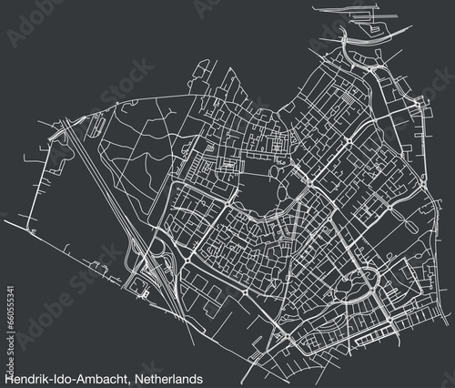 Detailed hand-drawn navigational urban street roads map of the Dutch city of HENDRIK-IDO-AMBACHT, NETHERLANDS with solid road lines and name tag on vintage background