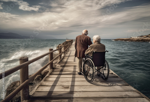 photograph created in IA of grandparents in wheelchairs walking on the beach on a sunny day.