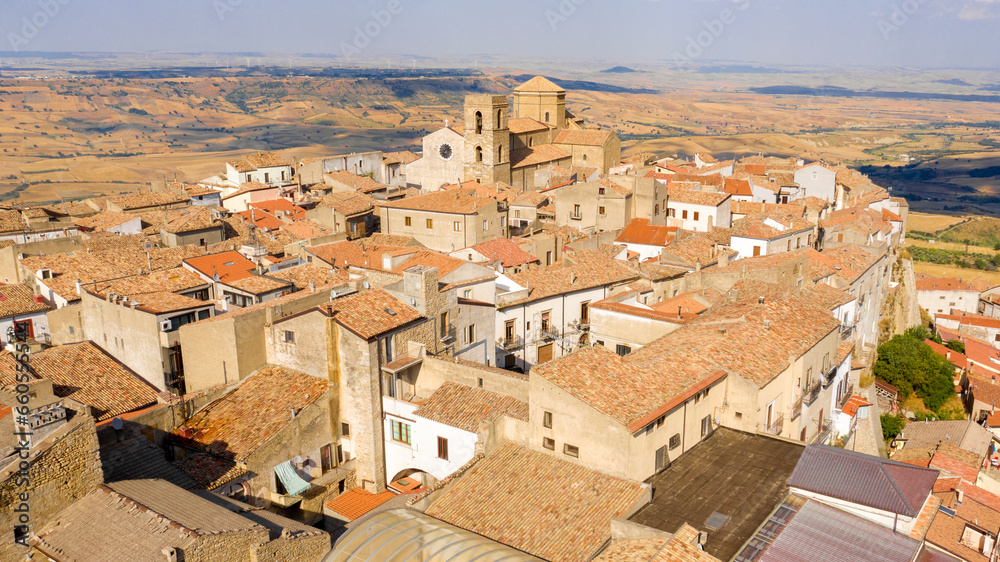Aerial view of Acerenza. It's a comune in the province of Potenza, in the Southern Italian region of Basilicata. The cathedral of the town is one of the most notable Romanesque structures in Italy.