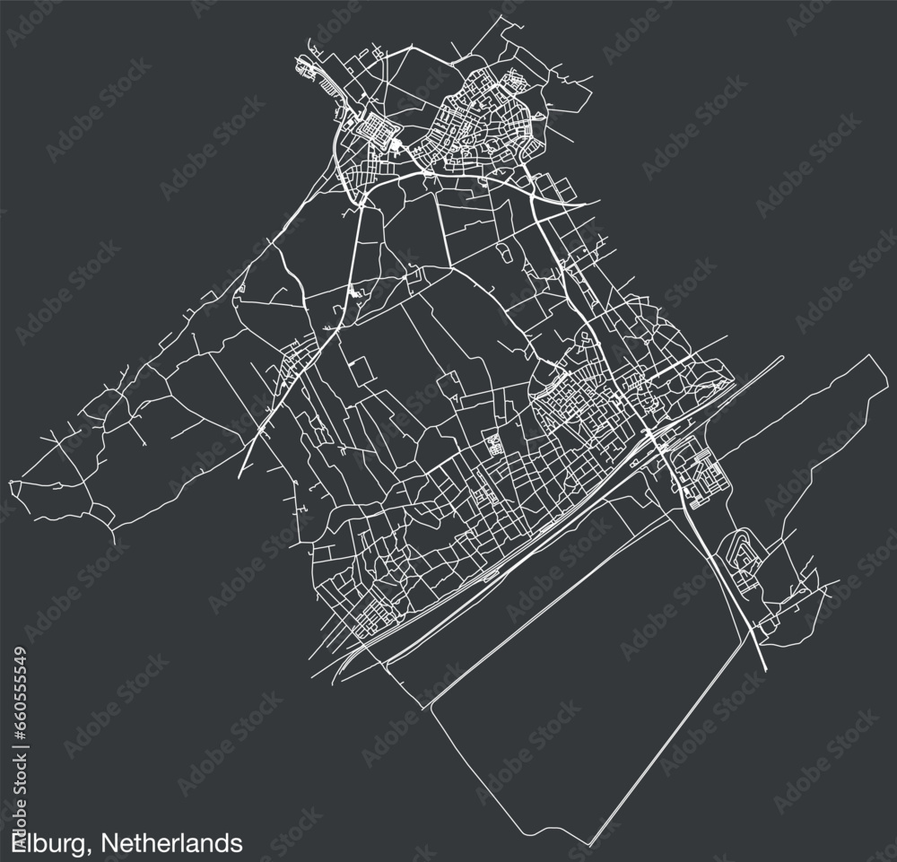 Detailed hand-drawn navigational urban street roads map of the Dutch city of ELBURG, NETHERLANDS with solid road lines and name tag on vintage background