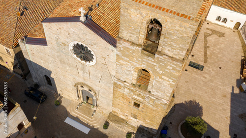 Aerial view of Acerenza Cathedral, a Roman Catholic cathedral dedicated to Saint Canius located in Basilicata, Italy. The church is one of the most notable Romanesque structures in Italy.  photo
