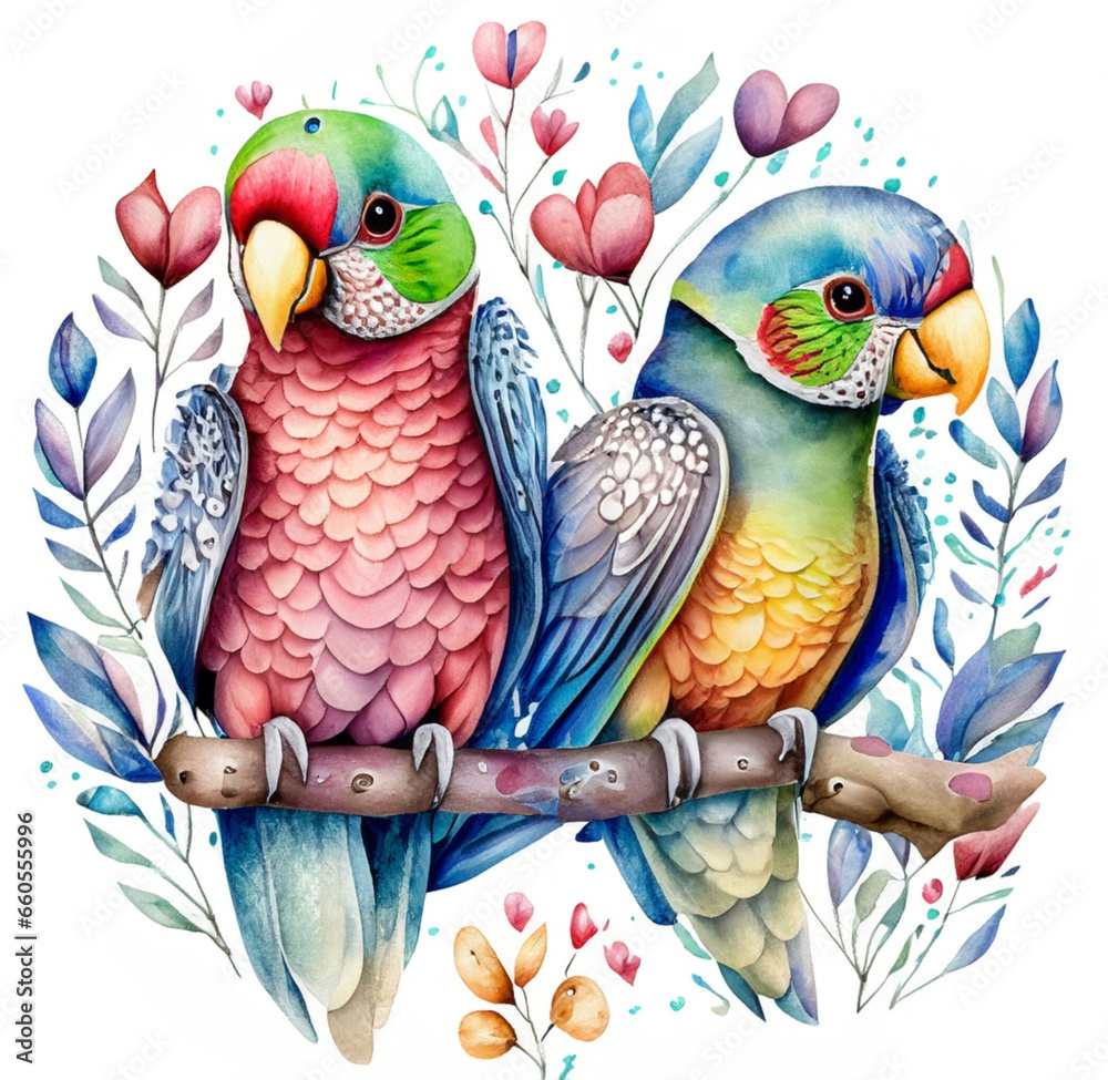 Papużki nierozłączki ilustracja - obrazy, fototapety, plakaty 