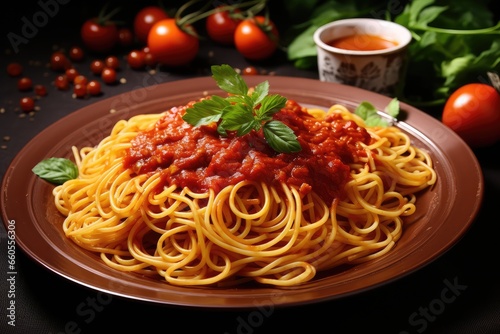 spaghetti with tomato sauce and basil - generative ai