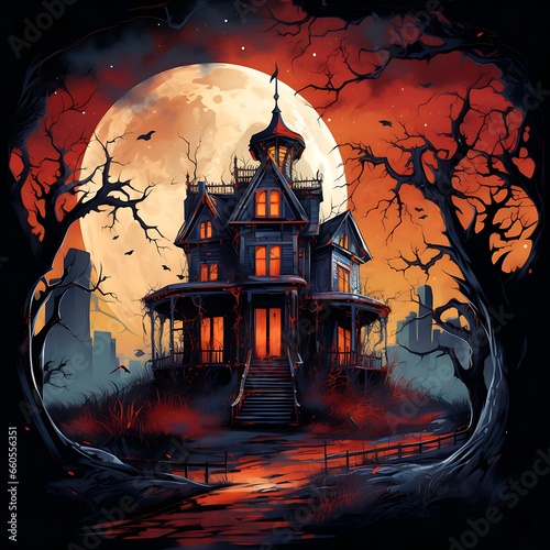 Halloween background with Hunted House, pumpkin and bats