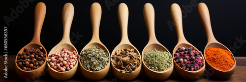 Different colorful spices in spoons 