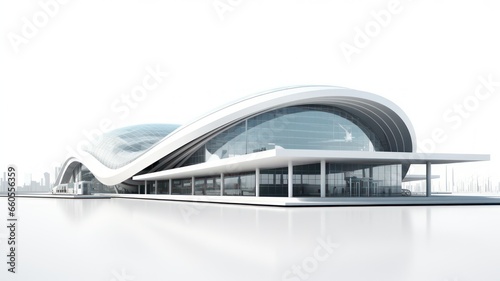 Futuristic white modern building with glass front and bent roof created with Generative AI