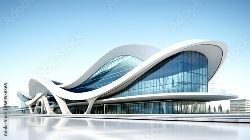 Futuristic white modern building with glass front and bent roof created with Generative AI