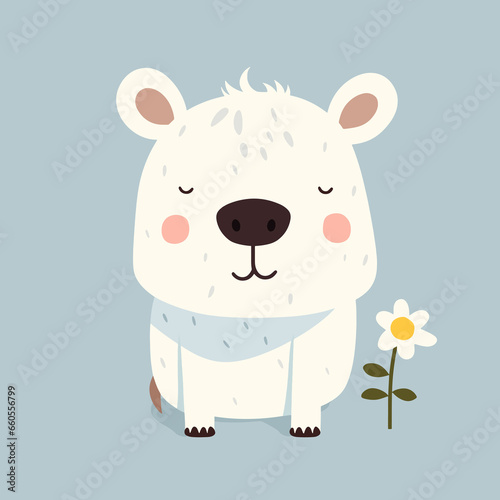 Funny white cartoon dog next to a flower. Cute pet daydreaming with eyes closed