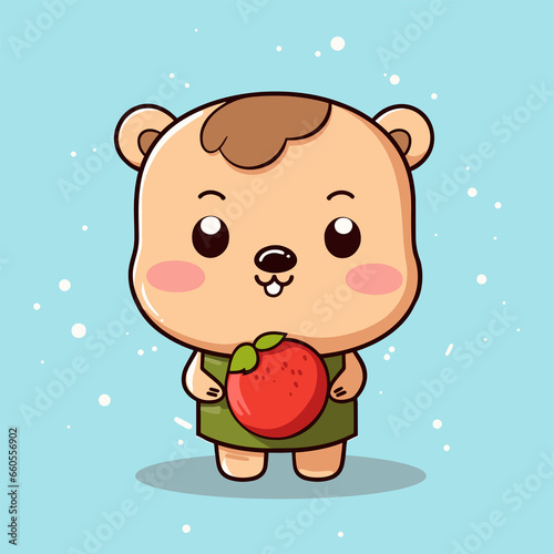 Cute cheerful cartoon hamster holding a strawberry. Adorable brown baby animal in a dress eating a red fruit