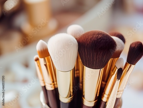 Assorted makeup brushes with copy space, beauty artist workspace, bunch of different brushes on blurred background