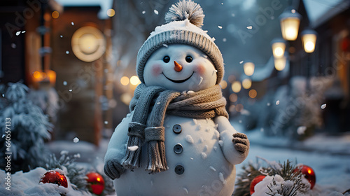 Greeting card for Merry Christmas and New year with cute snowman in a knitted hat and scarf dusted with snow standing in winter town photo