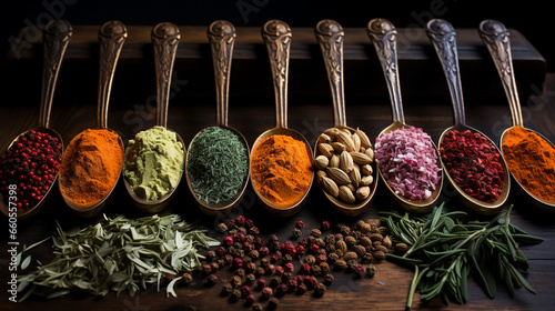 Wide top view banner wallpaper photograph of spices on in spoons with various traditional Sri Lankan spicy powders on a wooden table in manner   photo