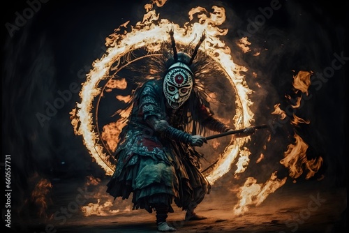 Namahage full body dancing in a circle around a fire  photo