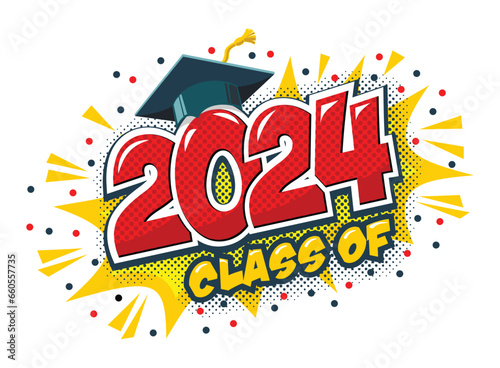 2024 class graduate header. Decorate congratulation for school graduates in comic cartoon style. Vector on transparent background