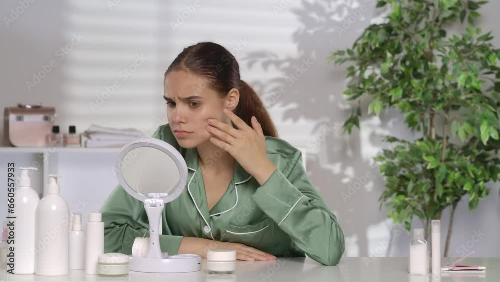 A woman scrutinizes her reflection in the mirror, dissatisfied with the state of her skin. A woman puts her index finger up, she has an idea. Care for problematic facial skin. A woman scrutinizes her reflection in the mirror, dissatisfied with the state of her skin. A woman puts her index finger up, she has an idea. Care for problematic facial skin.