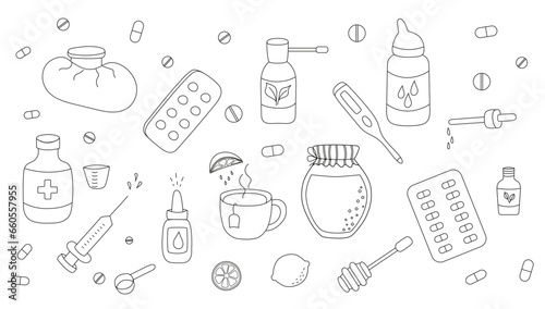 set of cold and flu season items hot beverage tea mug, lemon fruit, honey jar, pills, thermometer, cough syrup