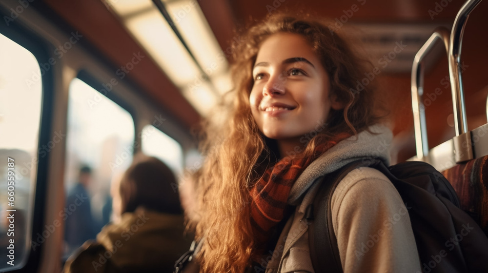 stockphoto, female student is standing in bus and travelling in public transport on the way to school. Student standing in the bus. Travelling toward school or university or high school. Public transp stockphoto, female student is standing in bus and travelling in public transport on the way to school. Student standing in the bus. Travelling toward school or university or high school. Public transp