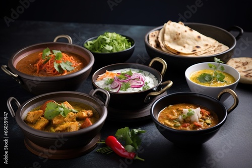 Bowls of indian food on dark background