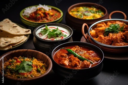 Bowls of indian food on dark background photo