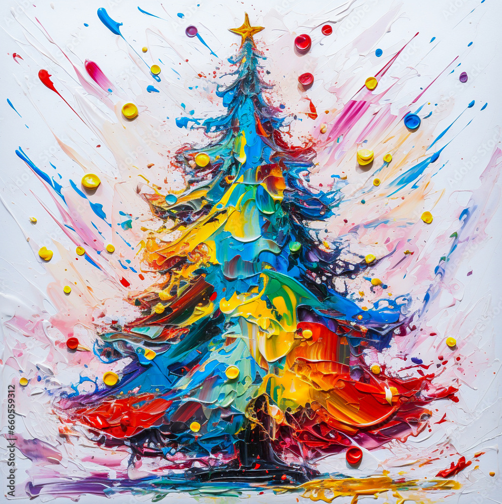 Abstrakcyjna, kolorowa choinka bożonarodzeniowa na białym tle namalowana grubą warstwą farby olejnej.  - obrazy, fototapety, plakaty 