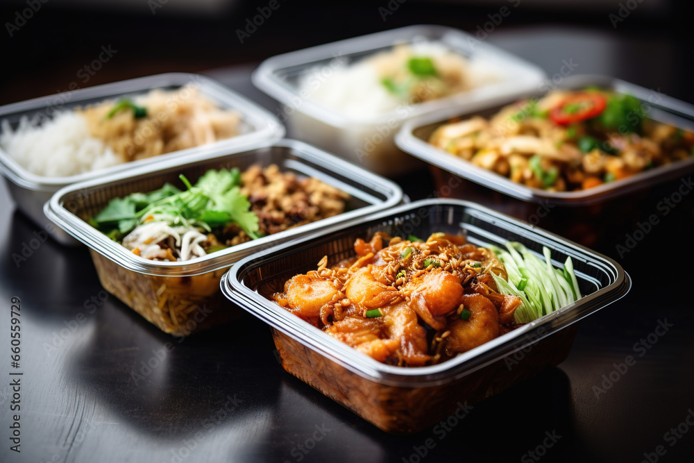 Ready to eat modern Thai food in take away plastic boxes. Ready to eat modern Thai food in take away plastic boxes.