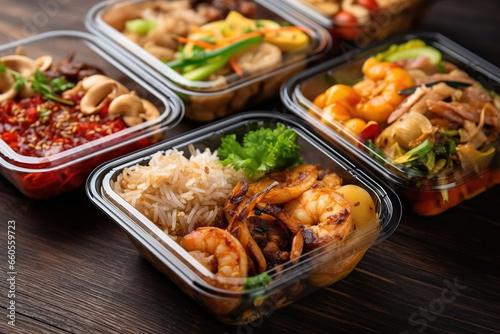 Ready to eat modern Thai food in take away plastic boxes. © Irina