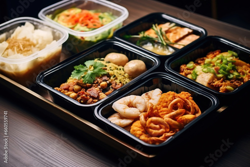 Ready to eat modern Thai food in take away plastic boxes. © Irina