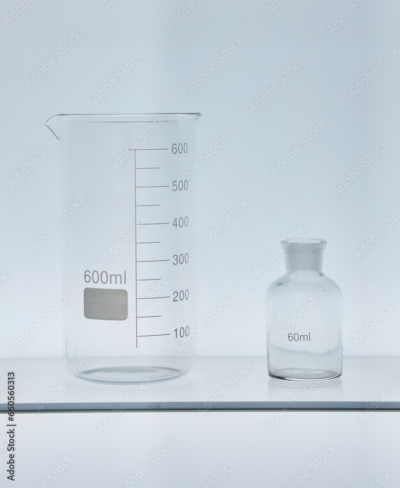 Chemical flasks for chemical preparations and substances. Laboratory of ecological production. Chemistry for medicine or water treatment plants